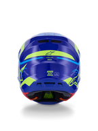 Alpinestars S-M7 Deed Hjelm ECE 22.06, motocross-hjelm, set bagfra, blå gul fluo blank, med markant fluorescerende gul grafik og stjernelogoer, bageste udluftningsporte og synlig indvendig polstring med grøn PLASMA-teknologi.