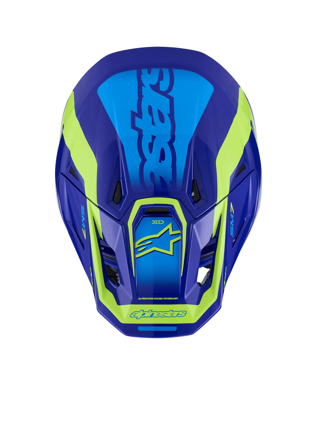 Alpinestars S-M7 Deed-hjelm, motocross-hjelm, blå og gul fluo-glossy, set oppefra, der viser den aerodynamiske skal, ventilationsporte og den karakteristiske fluo-gule branding mod en dyb blå finish.
