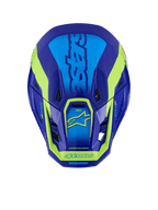 Alpinestars S-M7 Deed-hjelm, motocross-hjelm, blå og gul fluo-glossy, set oppefra, der viser den aerodynamiske skal, ventilationsporte og den karakteristiske fluo-gule branding mod en dyb blå finish.