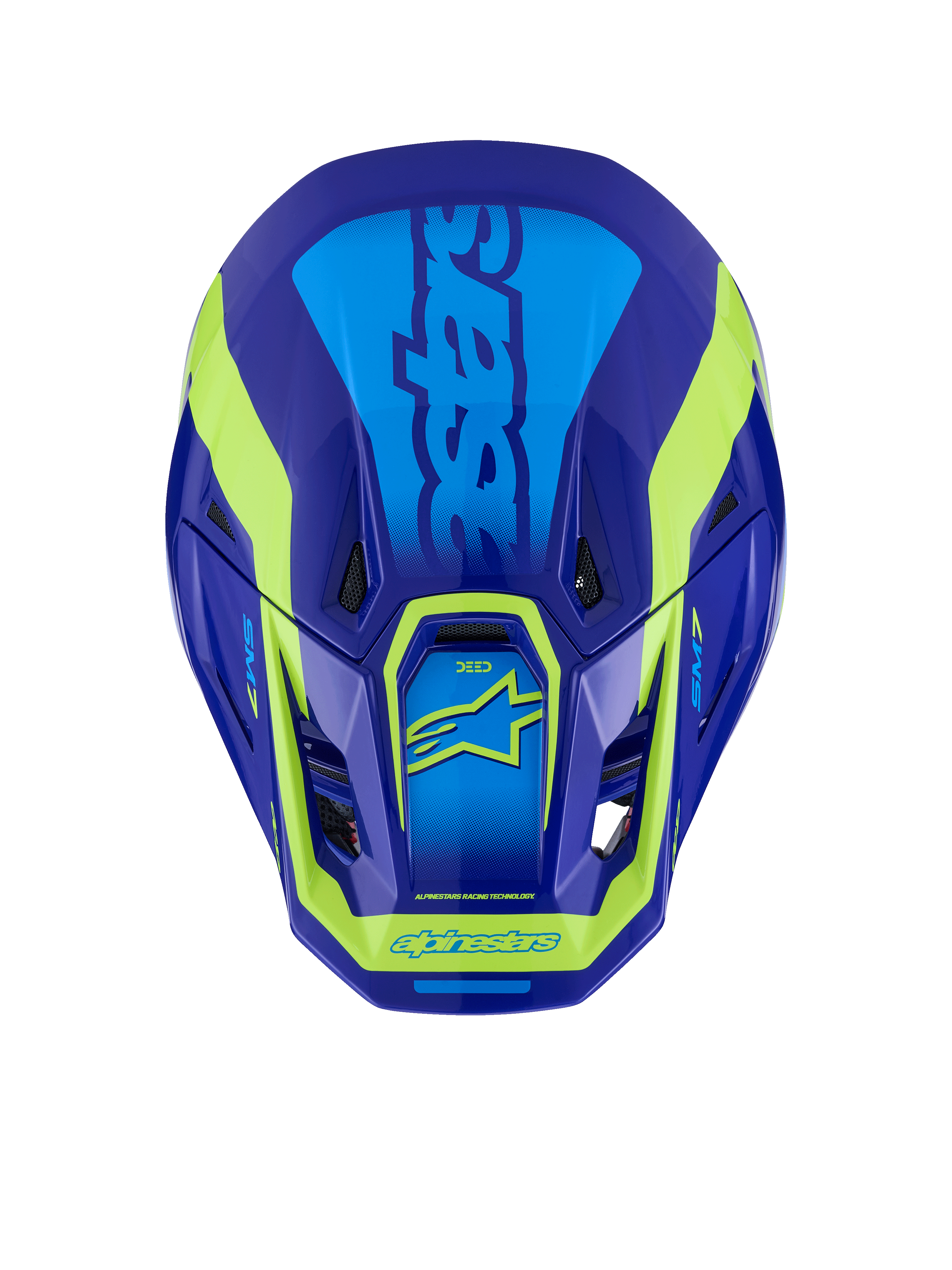 Alpinestars S-M7 Deed-hjelm, motocross-hjelm, blå og gul fluo-glossy, set oppefra, der viser den aerodynamiske skal, ventilationsporte og den karakteristiske fluo-gule branding mod en dyb blå finish.
