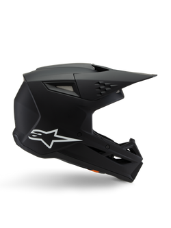 Alpinestars S-M3 Youth Solid Helmet, Motocross Helmet, Matte Black with White Star Logo, side profile view featuring an angular design, long visor, and integrated ventilation ports, ECE 22.06 certified