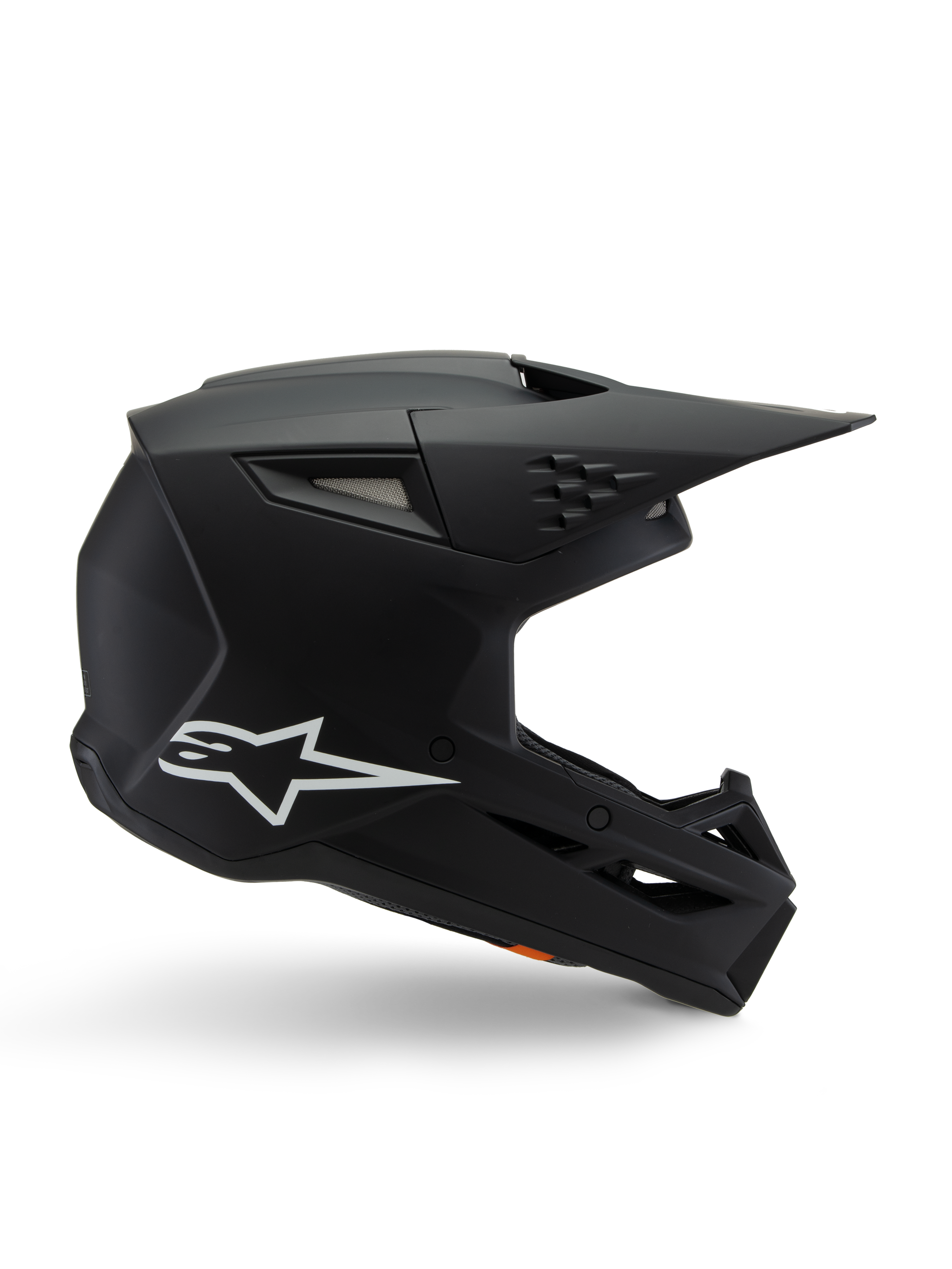 Alpinestars S-M3 Youth Solid hjelm, motocross-hjelm, mat sort med hvidt stjernelogo, sideprofil med vinklet design, langt visir og integrerede ventilationsåbninger, ECE 22.06-certificeret