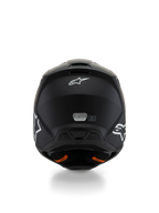 Alpinestars S-M3 Youth Solid Helmet ECE 22.06, Motocross Helmet, Matte Black, rear view showing white star logos and ECE certification sticker, orange Emergency Release System tabs, streamlined protective shell for youth riders