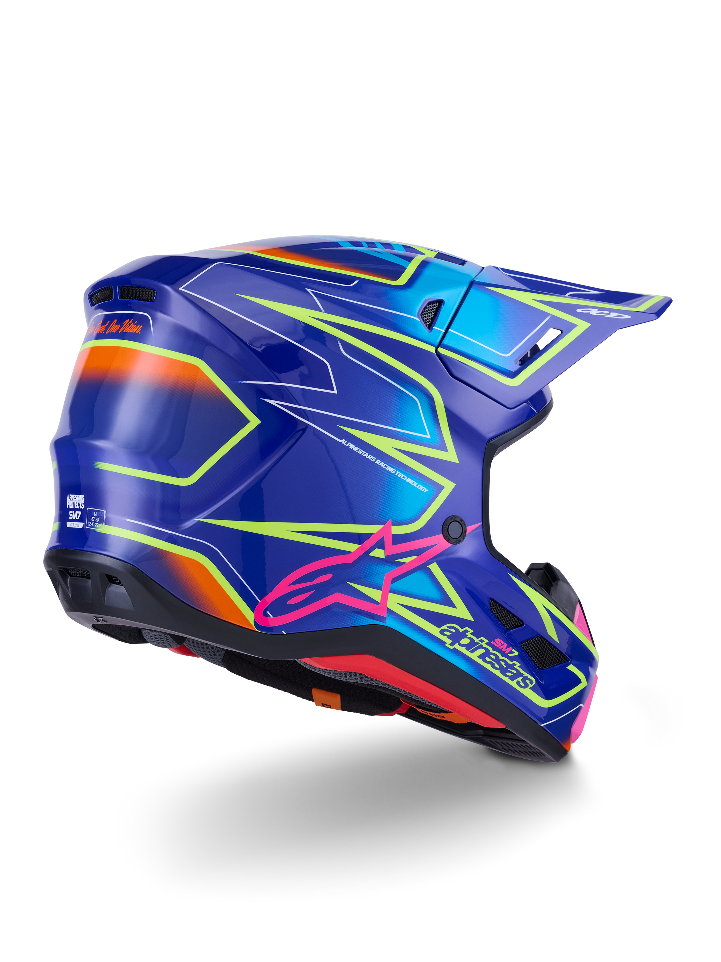 Alpinestars S-M7 Cast Helmet, Motocross Helmet, Blue Pink and Yellow Fluo Glossy, rear three-quarter view showing aerodynamic shell with bold angular graphics, pink Astar logo, and integrated ventilation ports for off-road racing