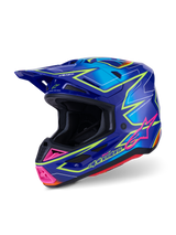 Alpinestars S-M7 Cast hjelm ECE 22.06, motocross-hjelm, blå, pink og neongul blank, trefjerdedels sidevisning, aerodynamisk skal med flere ventilationsporte, levende grafisk design med pink detaljer og neongule konturer.
