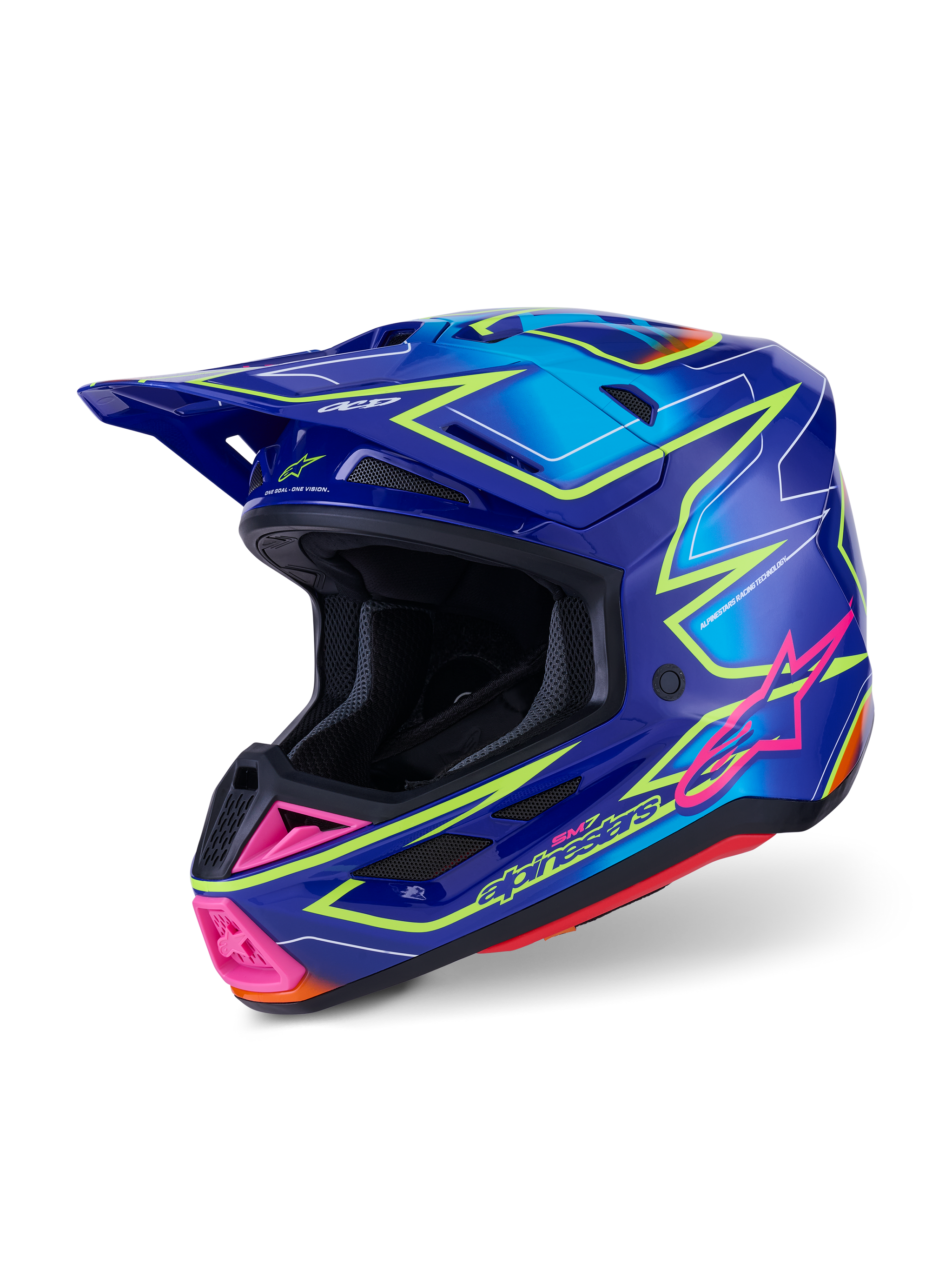 Alpinestars S-M7 Cast hjelm ECE 22.06, motocross-hjelm, blå, pink og neongul blank, trefjerdedels sidevisning, aerodynamisk skal med flere ventilationsporte, levende grafisk design med pink detaljer og neongule konturer.