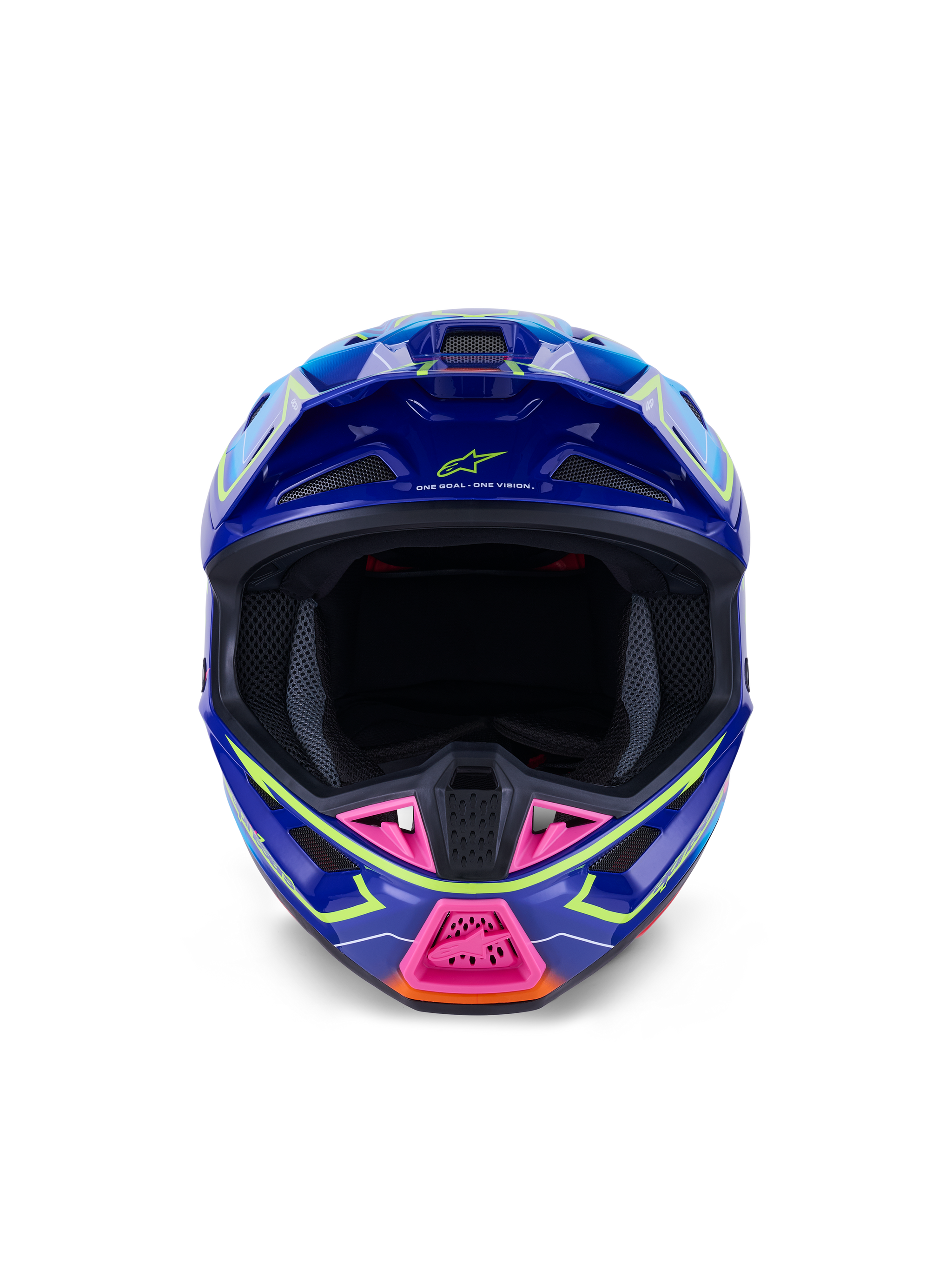 Alpinestars S-M7 Cast hjelm ECE 22.06, motocrosshjelm, blå, pink og neongul glossy, set forfra, viser aggressiv aerodynamisk skal, ventileret hagebeskytter med pink detaljer og bred åbning til ansigtet til off-road kørsel