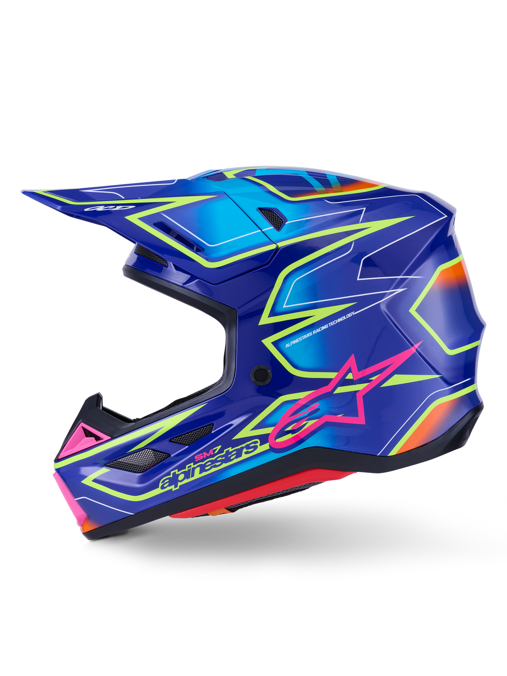 Alpinestars S-M7 Cast Helmet, Motocross Helmet, Blue with Pink and Yellow Fluo Glossy accents, side profile view showcasing the aerodynamic composite shell, integrated ventilation ports, pink star logo, and yellow branding, engineered for off-road racing protection.
