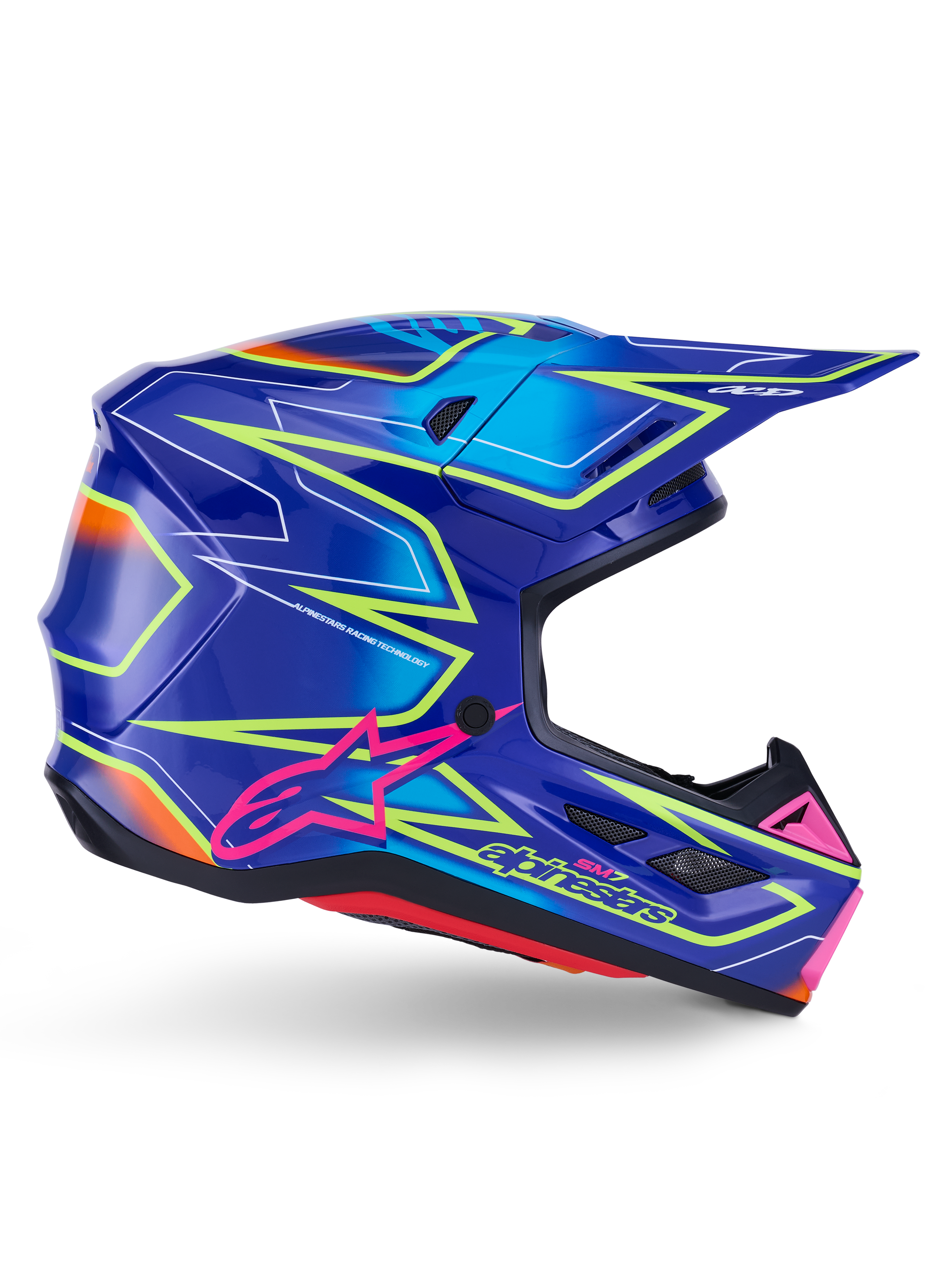 Alpinestars S-M7 Cast hjelm, motocross-hjelm, blå, pink og gul fluo blank, sideprofil med markante geometriske mønstre, pink Alpinestars-logo og ventileret aerodynamisk skal.