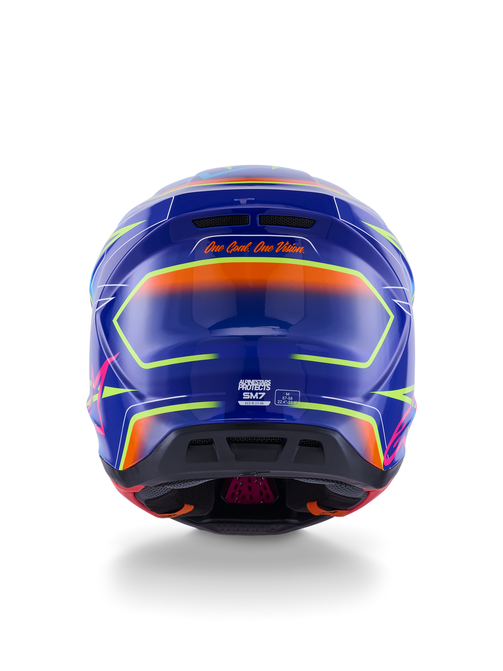 Alpinestars S-M7 Cast Helmet ECE 22.06, Motocross Helmet, Blue Pink and Yellow Fluo Glossy, rear view showing 'One Goal. One Vision.' slogan, aerodynamic composite shell with integrated ventilation ports and vibrant neon accents