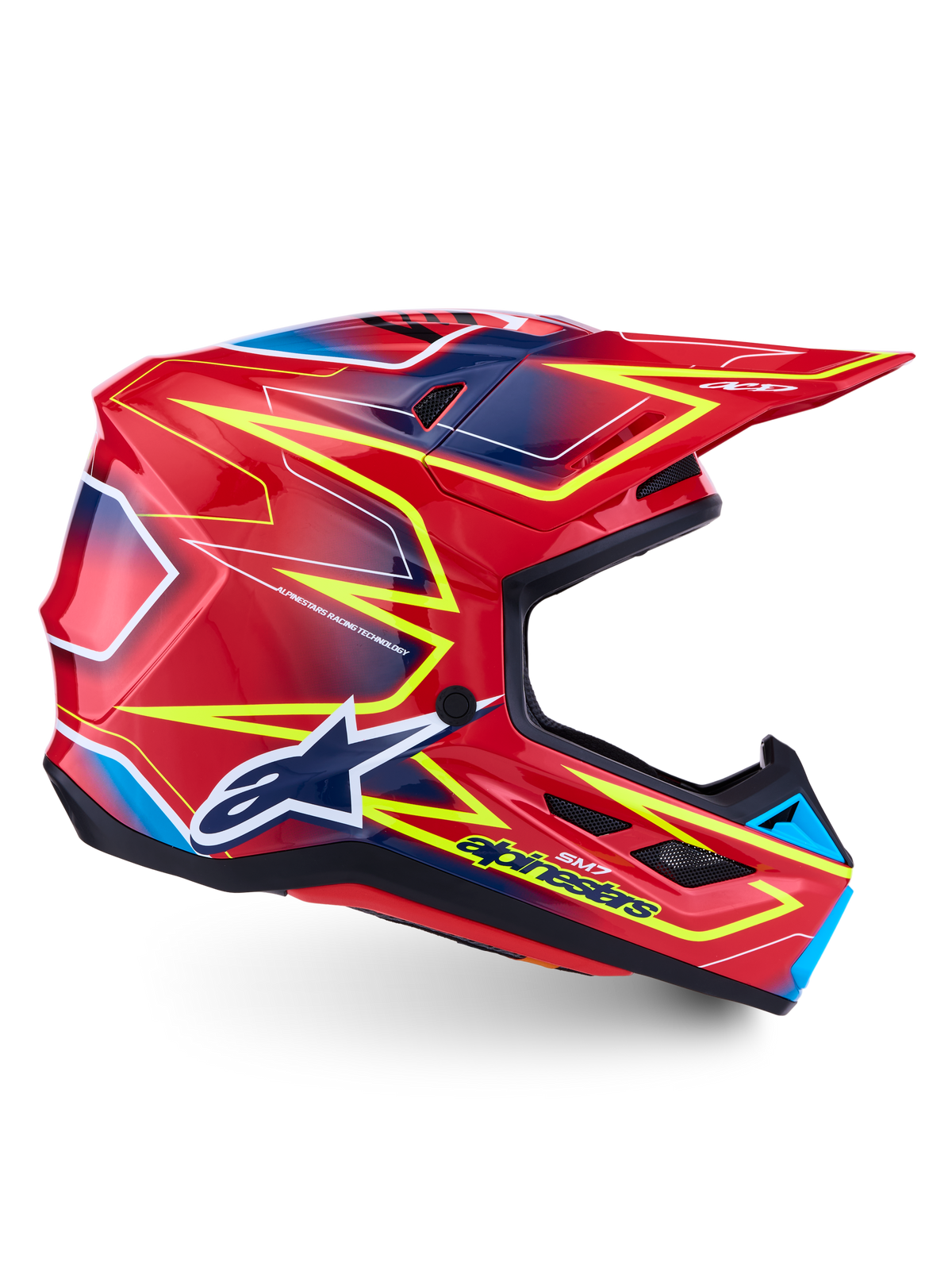 Alpinestars S-M7 Cast motocrosshjelm, blank rød, gul fluo og blå, aerodynamisk skal, ECE 22.06-certificeret.