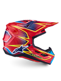 Alpinestars S-M7 Cast motocrosshjelm, blank rød, gul fluo og blå, aerodynamisk skal, ECE 22.06-certificeret.