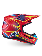 Alpinestars S-M7 Cast motocrosshjelm, blank rød, gul fluo og blå, aerodynamisk skal, ECE 22.06-certificeret.
