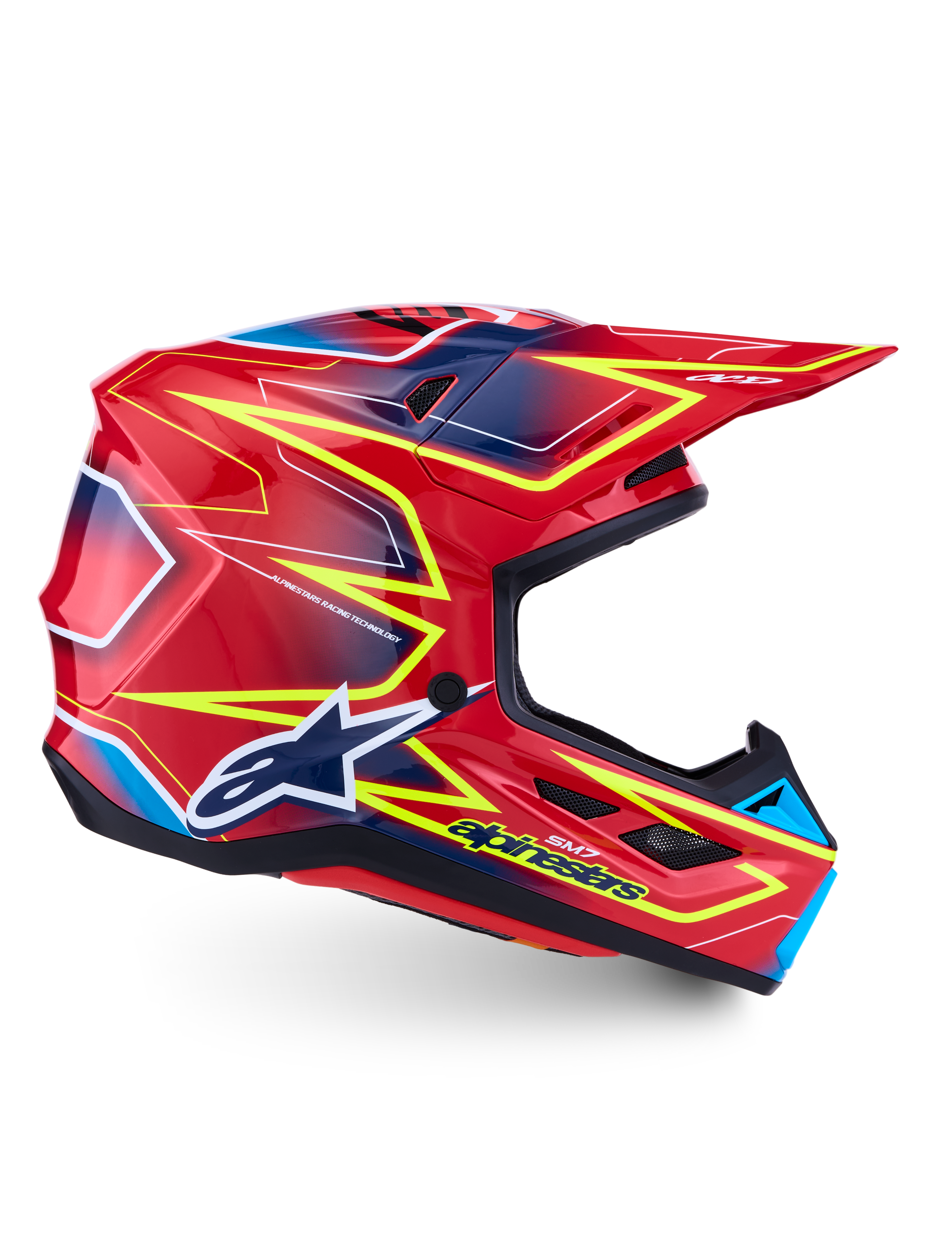 Alpinestars S-M7 Cast Helmet ECE 22.06, glossy red, yellow fluo, and blue motocross racing helmet with composite shell.