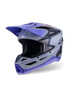 Alpinestars S-M3 Jettson-hjelm ECE 22.06, motocross-hjelm, grå, lilla og sort blank, frontvisning i tre-kvart profil med lilla skygge, sorte branding-detaljer og flere ventilationsåbninger til terrænkørsel
