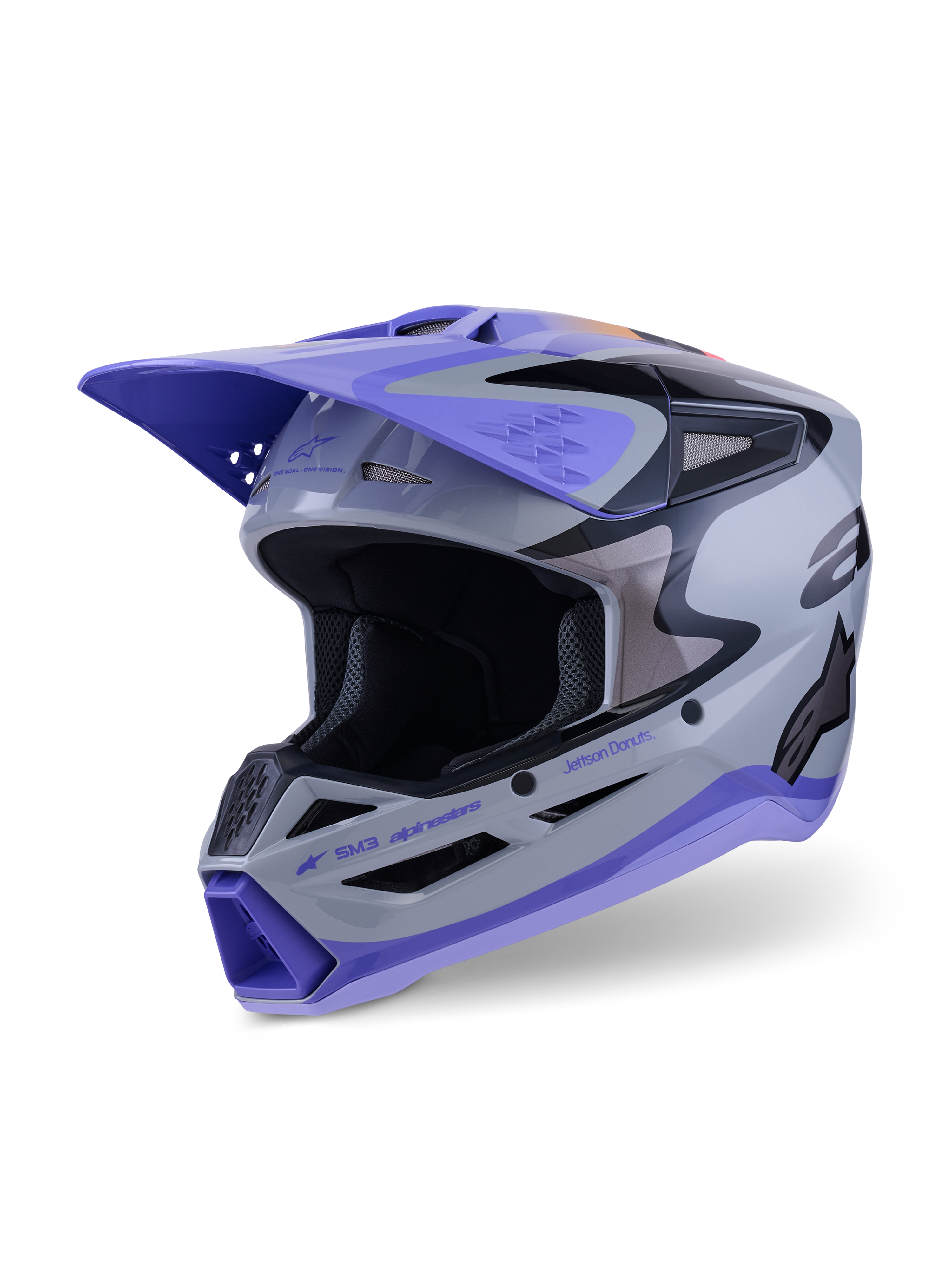 Alpinestars S-M3 Jettson-hjelm ECE 22.06, motocross-hjelm, grå, lilla og sort blank, frontvisning i tre-kvart profil med lilla skygge, sorte branding-detaljer og flere ventilationsåbninger til terrænkørsel