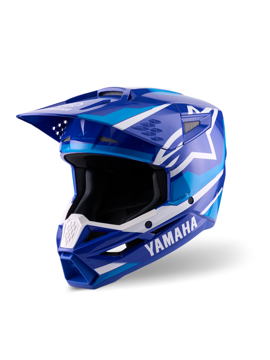 Alpinestars Yamaha S-M3 hjelm, motocross-hjelm, blå og hvid blank, med tydelig Yamaha-branding og Alpinestars stjerne-logo, vinklet design med skyggevisir og ventileret hagebeskytter, professionelt off-road racerudstyr