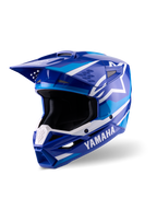 Alpinestars Yamaha S-M3 hjelm, motocross-hjelm, blå og hvid blank, med tydelig Yamaha-branding og Alpinestars stjerne-logo, vinklet design med skyggevisir og ventileret hagebeskytter, professionelt off-road racerudstyr