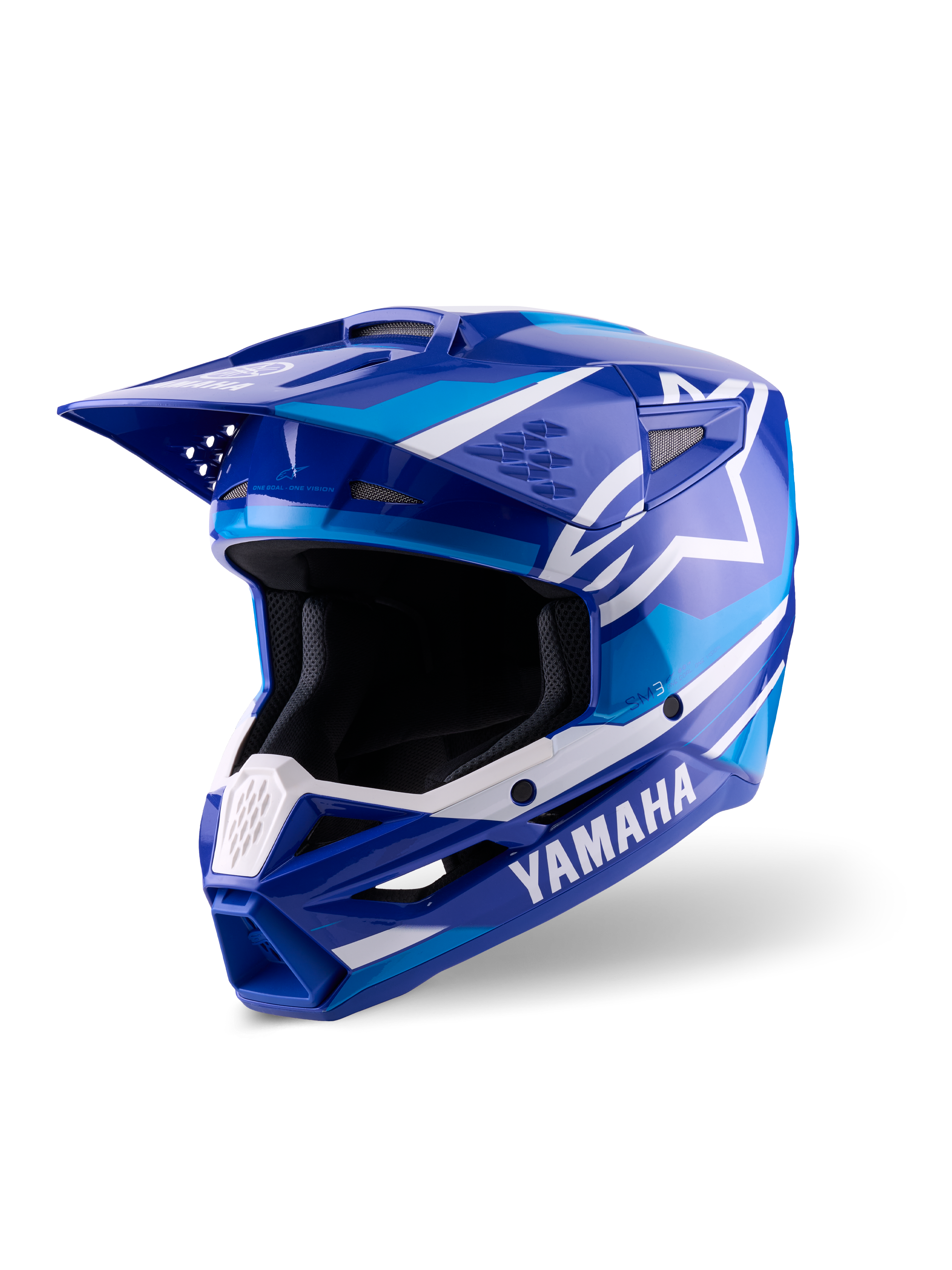 Alpinestars Yamaha S-M3 hjelm, motocross-hjelm, blå og hvid blank, med tydelig Yamaha-branding og Alpinestars stjerne-logo, vinklet design med skyggevisir og ventileret hagebeskytter, professionelt off-road racerudstyr