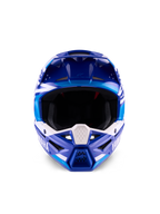 Yamaha S-M3-hjelm ECE 22.06, motocross-hjelm, blå og hvid i blank finish, set forfra der fremhæver den beskyttende hagebøjle med Yamaha-branding og flere ventilationsporte.