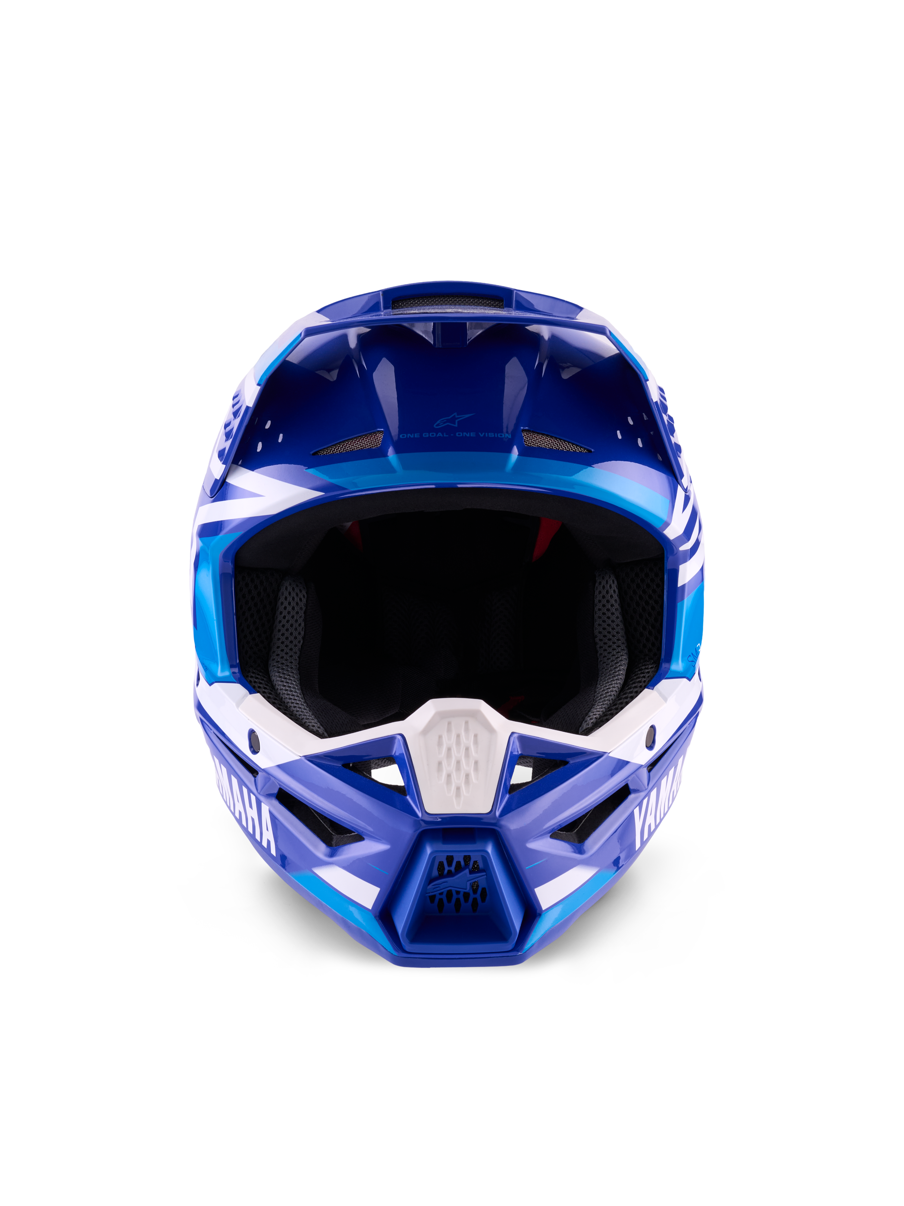 Yamaha S-M3-hjelm ECE 22.06, motocross-hjelm, blå og hvid i blank finish, set forfra der fremhæver den beskyttende hagebøjle med Yamaha-branding og flere ventilationsporte.