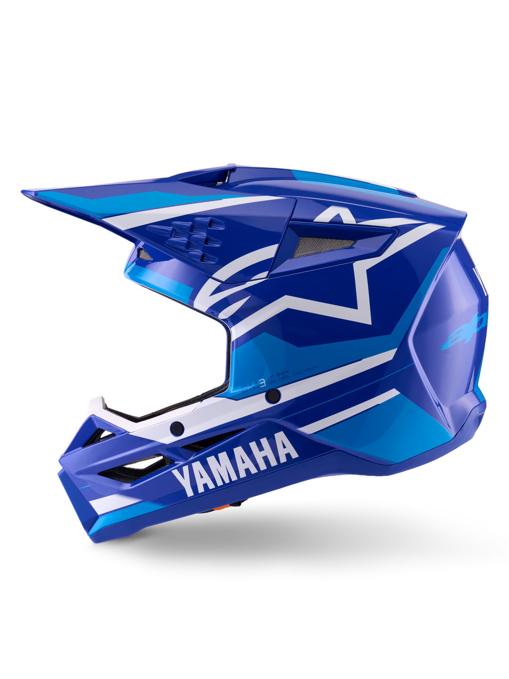 Alpinestars Yamaha S-M3 hjelm, motocrosshjelm, blå og hvid blank, profilvisning fra siden med Yamaha-branding på hagebeskytteren og Alpinestars stjernelogo, aerodynamisk skal med ventilationsporte til off-road racing