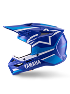 Alpinestars Yamaha S-M3 hjelm, motocrosshjelm, blå og hvid blank, profilvisning fra siden med Yamaha-branding på hagebeskytteren og Alpinestars stjernelogo, aerodynamisk skal med ventilationsporte til off-road racing