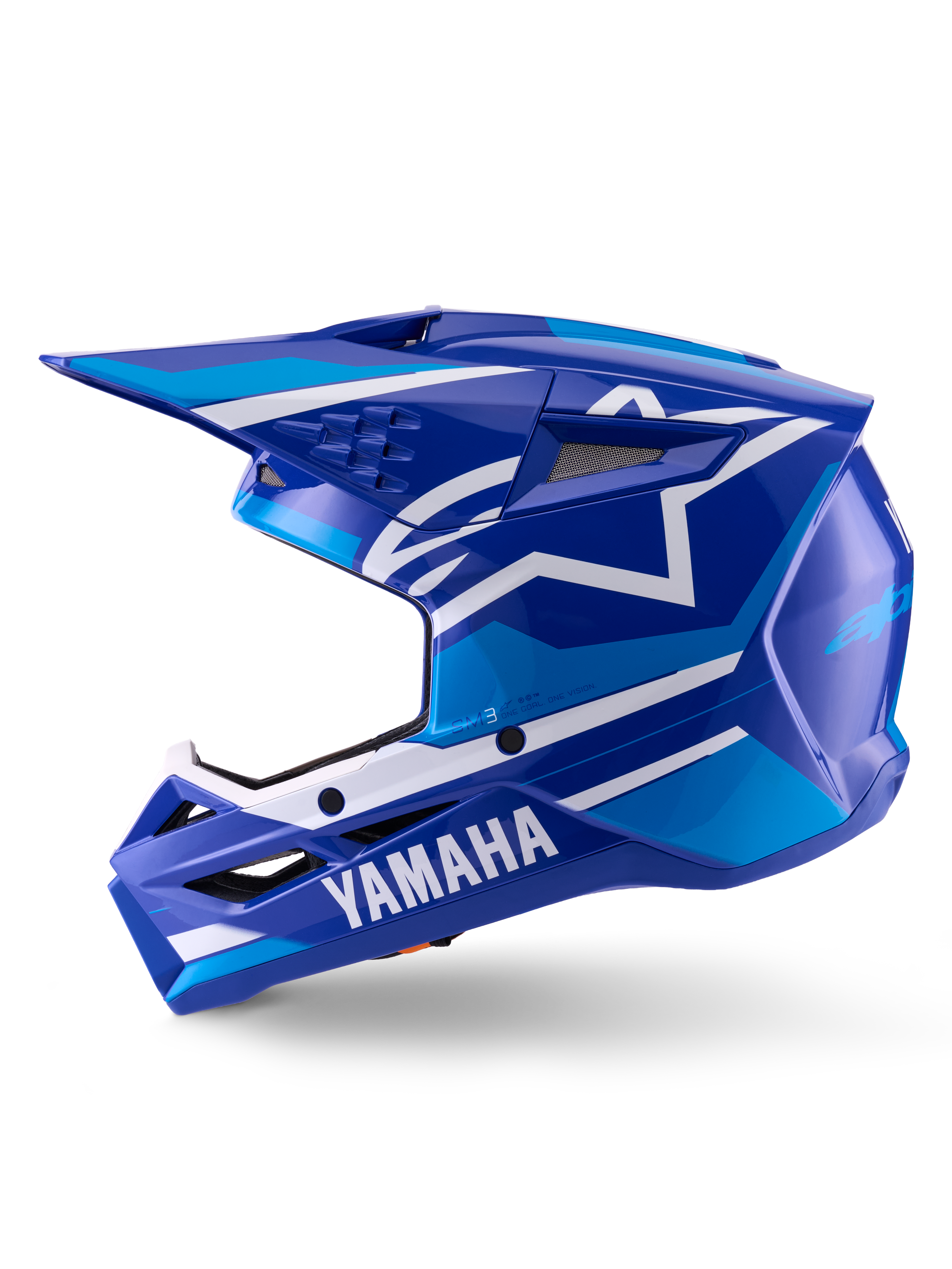 Alpinestars Yamaha S-M3 hjelm, motocrosshjelm, blå og hvid blank, profilvisning fra siden med Yamaha-branding på hagebeskytteren og Alpinestars stjernelogo, aerodynamisk skal med ventilationsporte til off-road racing