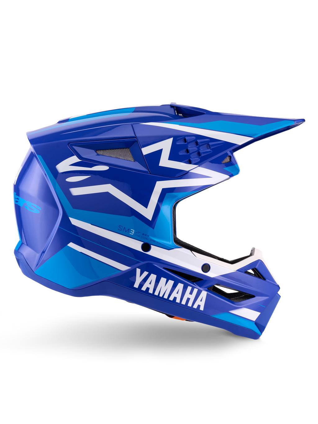 Alpinestars Yamaha S-M3-hjelm ECE 22.06, motocross-racerhjelm, blå og hvid blank finish, med markant Yamaha-branding og geometriske mønstre, aerodynamisk design med sorte mesh-ventilationsåbninger og spids skygge, professionelt off-road udstyr