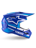 Alpinestars Yamaha S-M3-hjelm ECE 22.06, motocross-racerhjelm, blå og hvid blank finish, med markant Yamaha-branding og geometriske mønstre, aerodynamisk design med sorte mesh-ventilationsåbninger og spids skygge, professionelt off-road udstyr