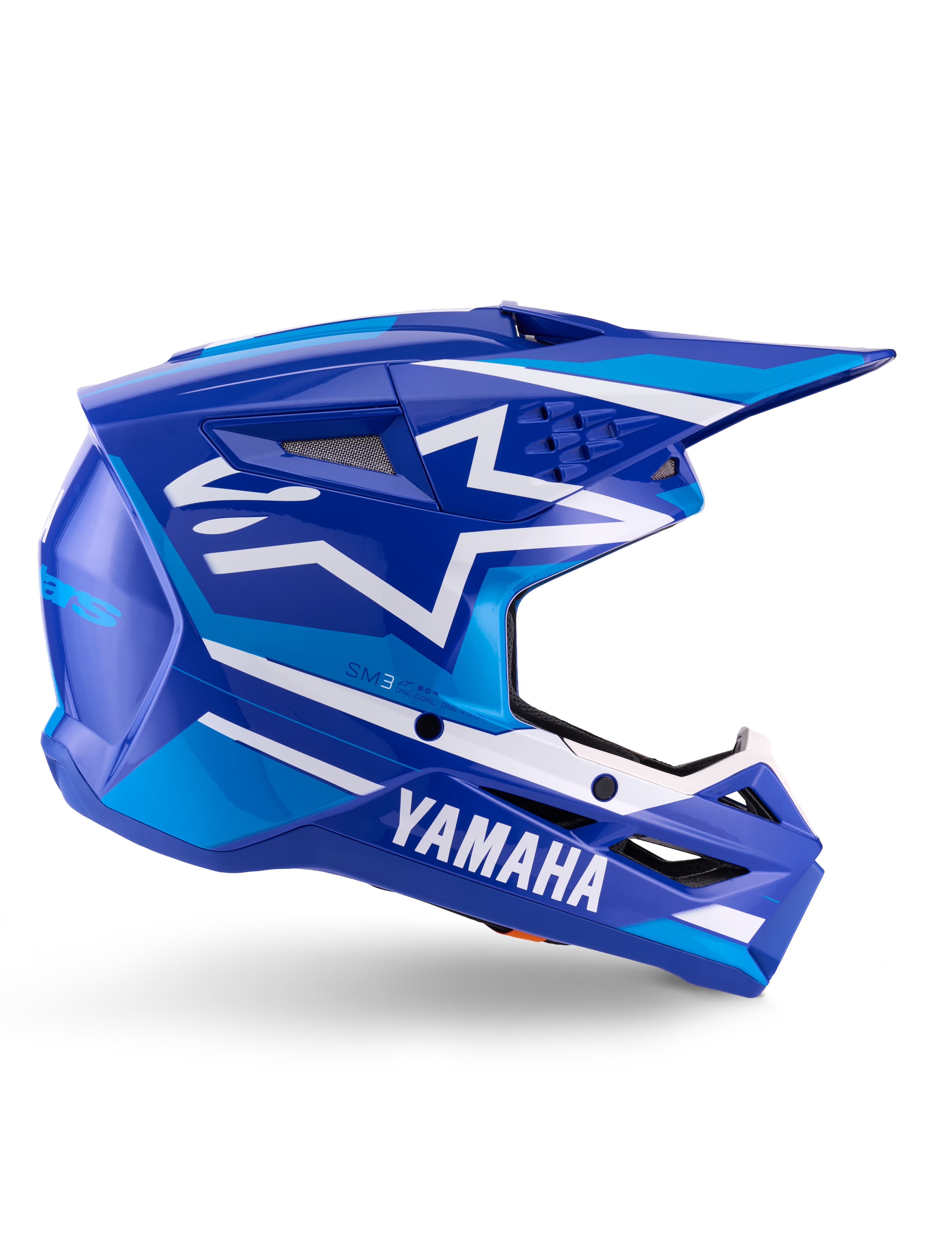 Alpinestars Yamaha S-M3-hjelm ECE 22.06, motocross-racerhjelm, blå og hvid blank finish, med markant Yamaha-branding og geometriske mønstre, aerodynamisk design med sorte mesh-ventilationsåbninger og spids skygge, professionelt off-road udstyr