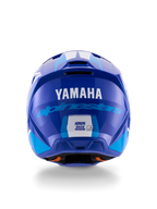 Alpinestars Yamaha S-M3 hjelm, motocrosshjelm, blå hvid blank, set bagfra med hvidt YAMAHA-logo og blå Alpinestars-skrift, elegant blank finish med synlige ventilationsåbninger og sikkerhedscertificeringsmærkater.
