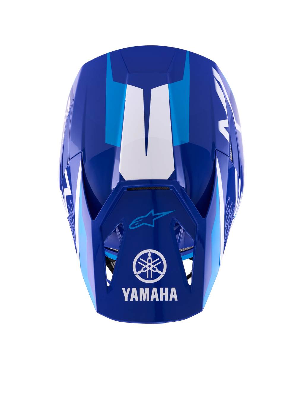Alpinestars Yamaha S-M3 hjelm, motocross-hjelm, blå og hvid blank, set fra oven, viser visiret med hvidt Yamaha-logo og navnetræk, lyseblå grafiske accenter, aggressivt aerodynamisk skaldesign