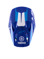 Alpinestars Yamaha S-M3 hjelm, motocross-hjelm, blå og hvid blank, set fra oven, viser visiret med hvidt Yamaha-logo og navnetræk, lyseblå grafiske accenter, aggressivt aerodynamisk skaldesign