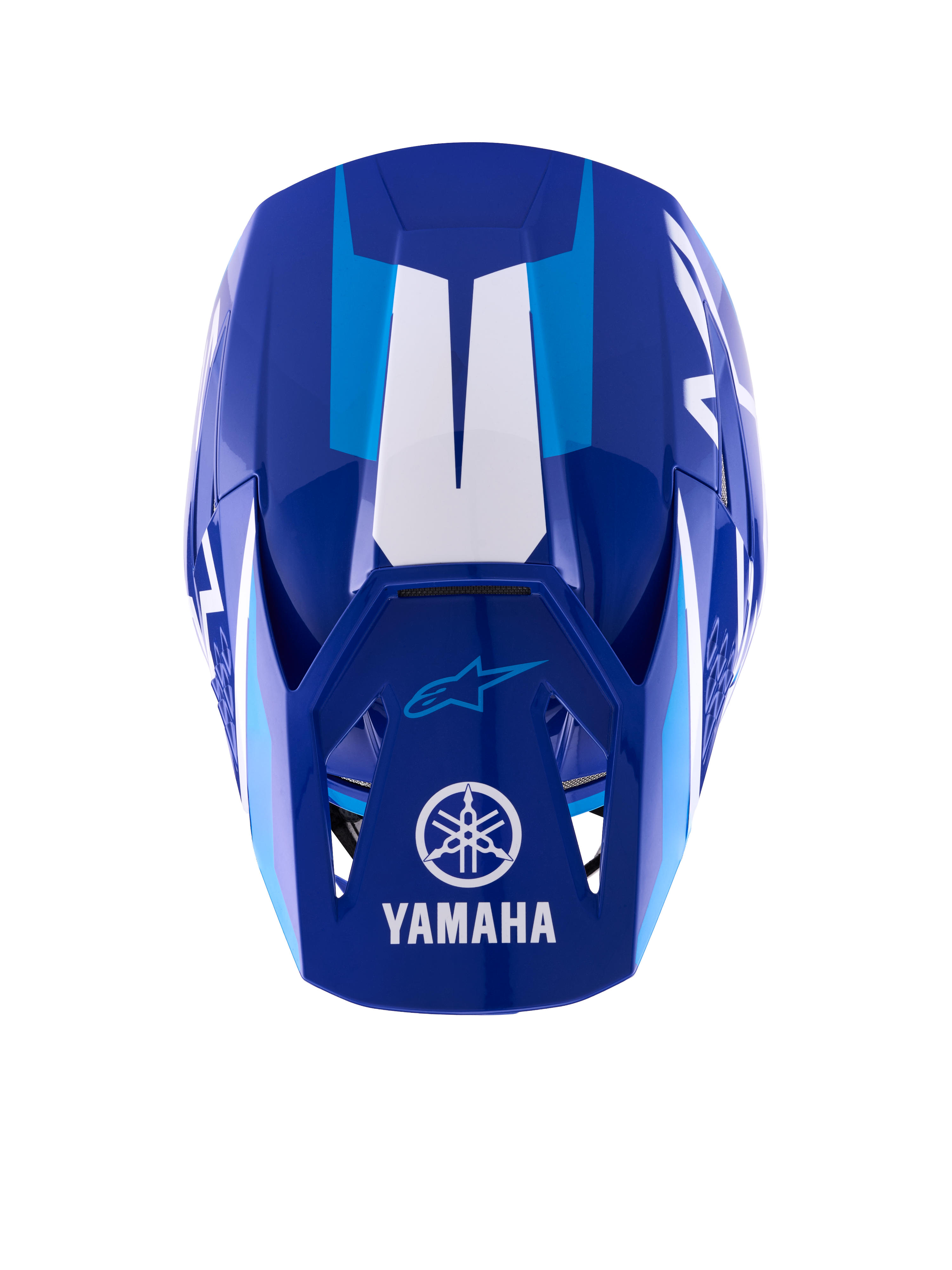 Alpinestars Yamaha S-M3 hjelm, motocross-hjelm, blå og hvid blank, set fra oven, viser visiret med hvidt Yamaha-logo og navnetræk, lyseblå grafiske accenter, aggressivt aerodynamisk skaldesign