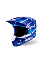Alpinestars Yamaha S-M3 motocross-ungdomshjelm, blå og hvid blank finish, med fremtrædende Yamaha- og Alpinestars-logoer, aerodynamisk visirdesign, bred åbning til briller og ventileret hagebeskytter til off-road racing
