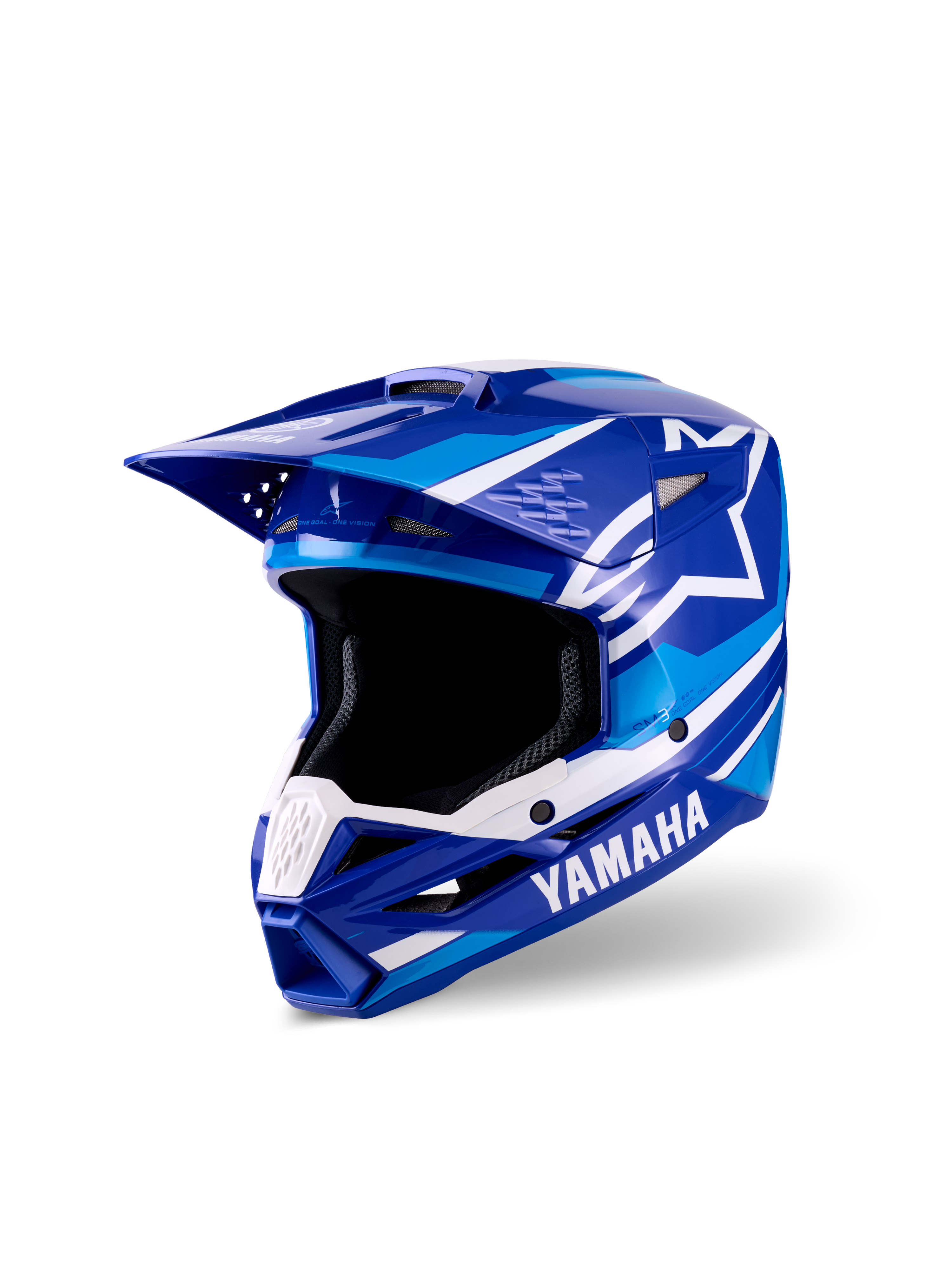 Alpinestars Yamaha S-M3 motocross-ungdomshjelm, blå og hvid blank finish, med fremtrædende Yamaha- og Alpinestars-logoer, aerodynamisk visirdesign, bred åbning til briller og ventileret hagebeskytter til off-road racing
