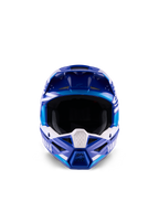 Alpinestars Yamaha S-M3 motocross-hjelm til unge, blå og hvid blank, set forfra med fokus på den brede synsåbning og det aggressive hageparti, Yamaha-branding og geometrisk grafik, professionel off-road hovedbeskyttelse til unge kørere.