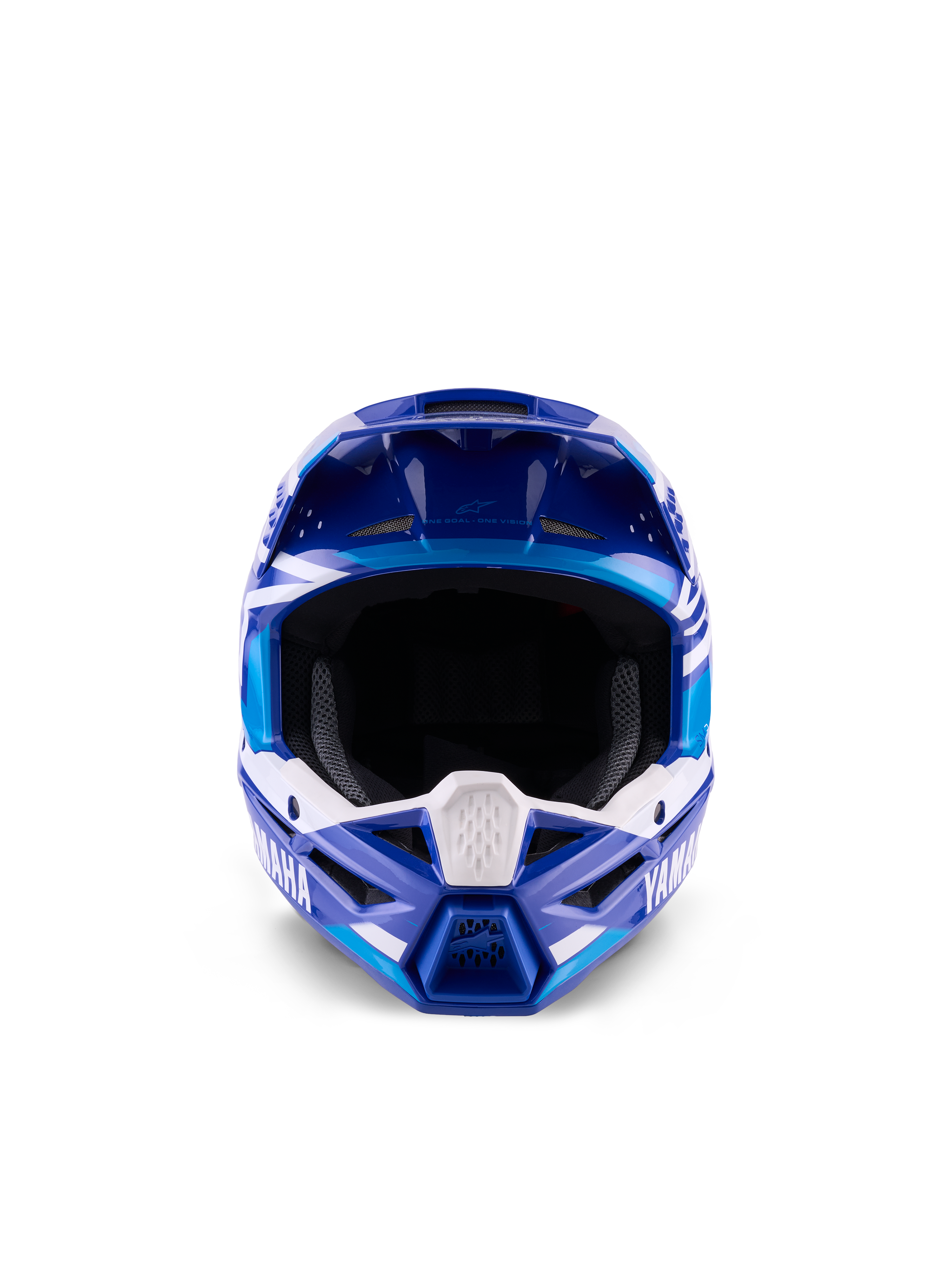 Alpinestars Yamaha S-M3 motocross-hjelm til unge, blå og hvid blank, set forfra med fokus på den brede synsåbning og det aggressive hageparti, Yamaha-branding og geometrisk grafik, professionel off-road hovedbeskyttelse til unge kørere.