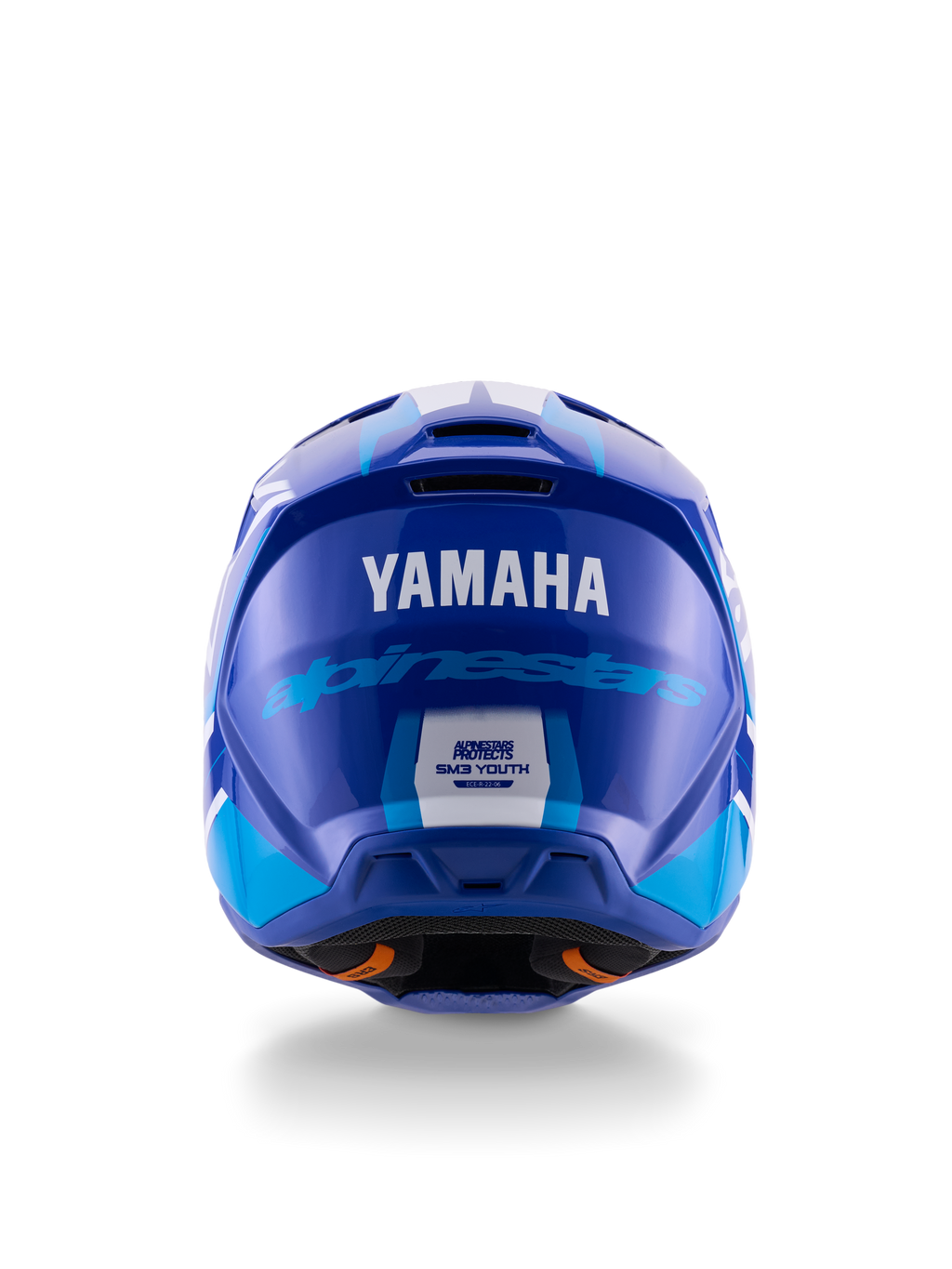 Yamaha S-M3 motocrosshjelm til unge, set bagfra, blå og hvid blank finish, fremtrædende Yamaha- og Alpinestars-branding, aerodynamisk skaldesign med ECE 22.06-sikkerhedscertificeringsmærke, professionel hovedbeskyttelse til off-road racing