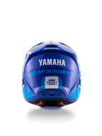 Yamaha S-M3 motocrosshjelm til unge, set bagfra, blå og hvid blank finish, fremtrædende Yamaha- og Alpinestars-branding, aerodynamisk skaldesign med ECE 22.06-sikkerhedscertificeringsmærke, professionel hovedbeskyttelse til off-road racing