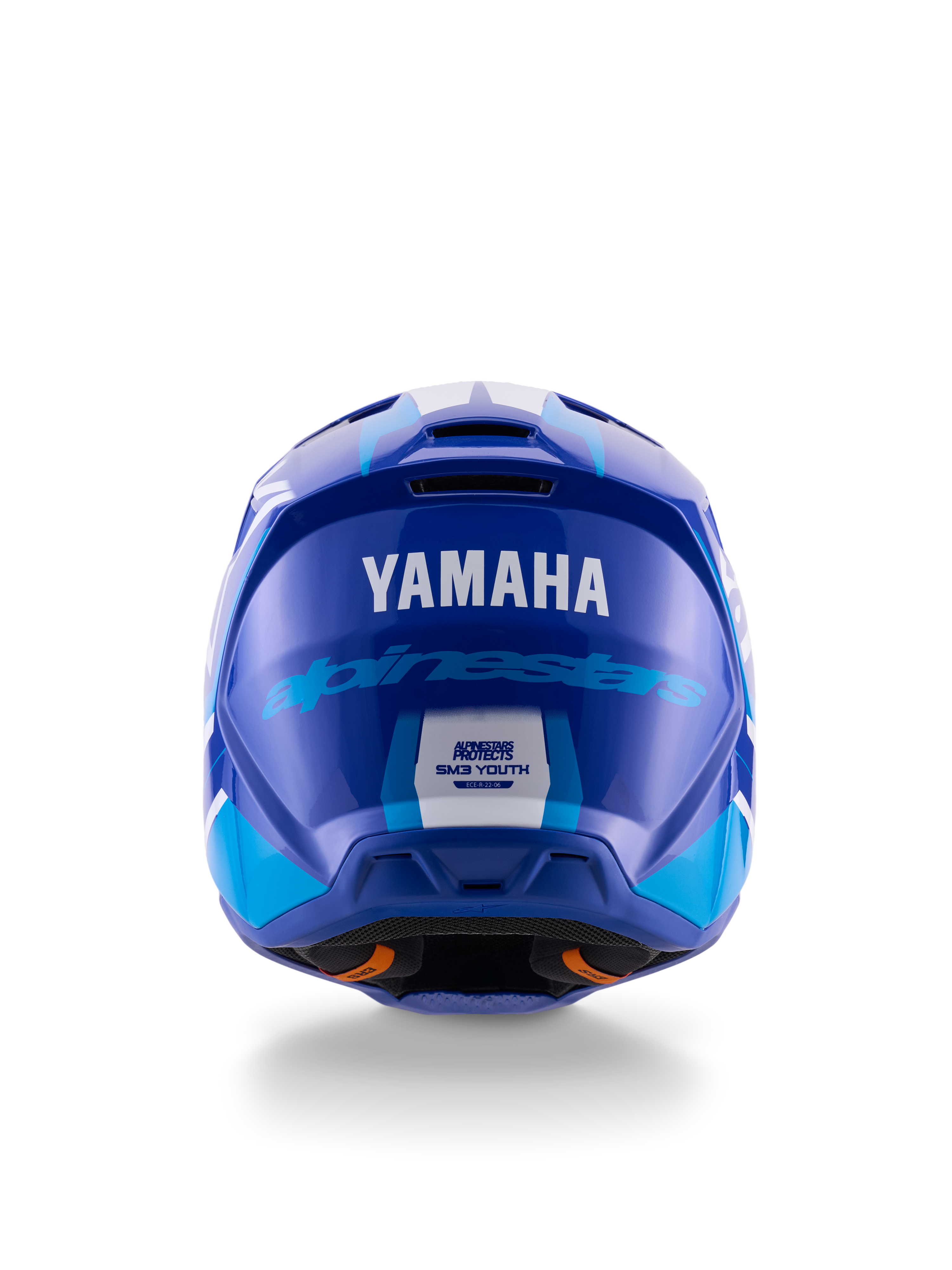 Yamaha S-M3 motocrosshjelm til unge, set bagfra, blå og hvid blank finish, fremtrædende Yamaha- og Alpinestars-branding, aerodynamisk skaldesign med ECE 22.06-sikkerhedscertificeringsmærke, professionel hovedbeskyttelse til off-road racing