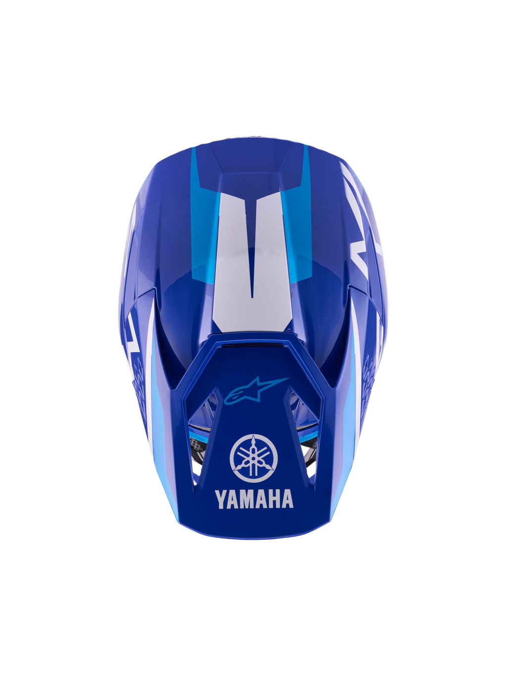 Alpinestars Yamaha S-M3 motocross-hjelm til unge, Blue White Glossy, set oppefra, viser den ydre skal og visir, med Yamaha- og Alpinestars-logoer, aerodynamisk design med blank finish og hvide grafiske detaljer.