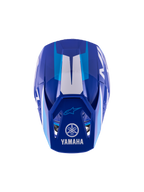 Alpinestars Yamaha S-M3 motocross-hjelm til unge, Blue White Glossy, set oppefra, viser den ydre skal og visir, med Yamaha- og Alpinestars-logoer, aerodynamisk design med blank finish og hvide grafiske detaljer.