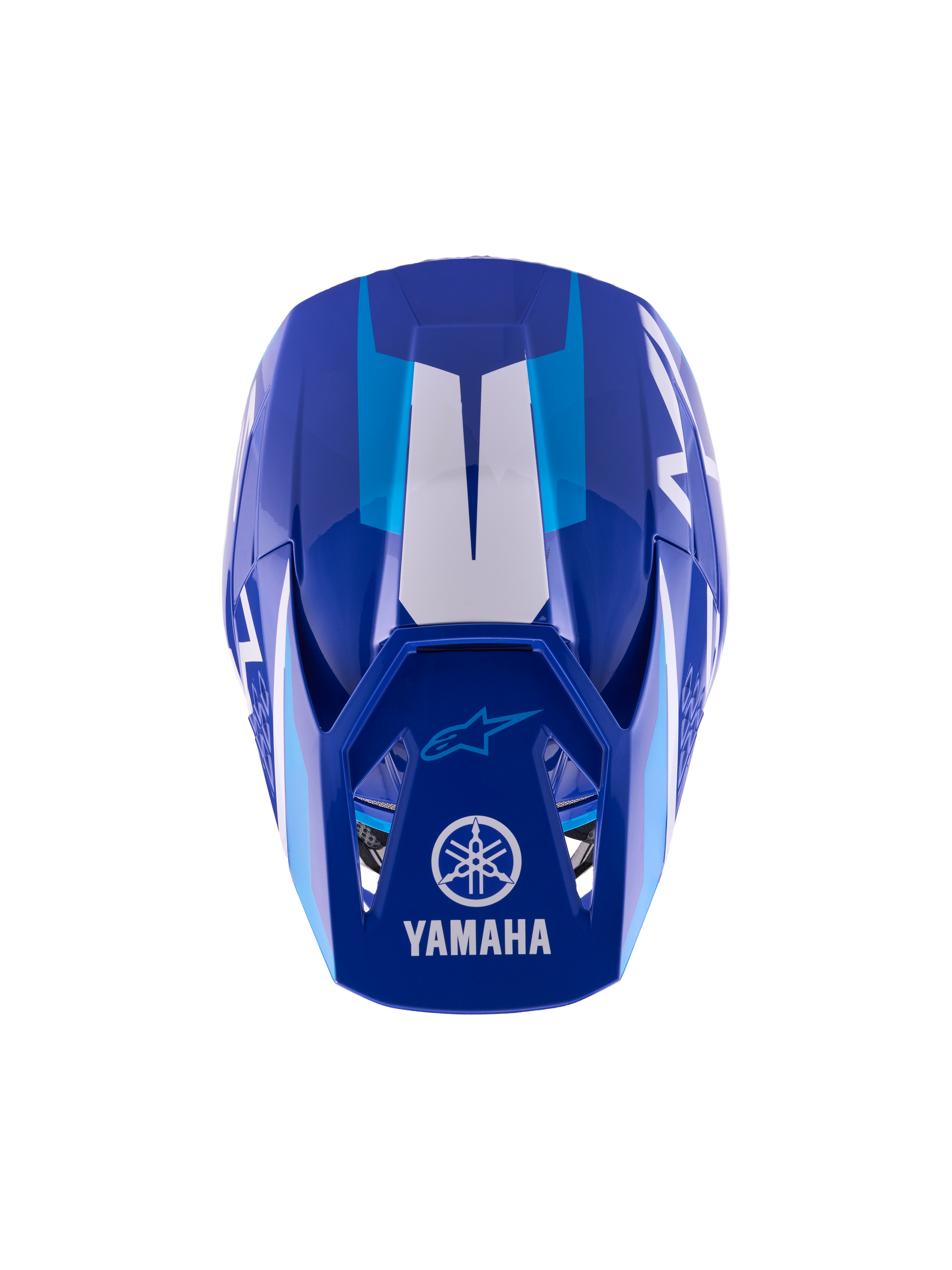 Alpinestars Yamaha S-M3 motocross-hjelm til unge, Blue White Glossy, set oppefra, viser den ydre skal og visir, med Yamaha- og Alpinestars-logoer, aerodynamisk design med blank finish og hvide grafiske detaljer.