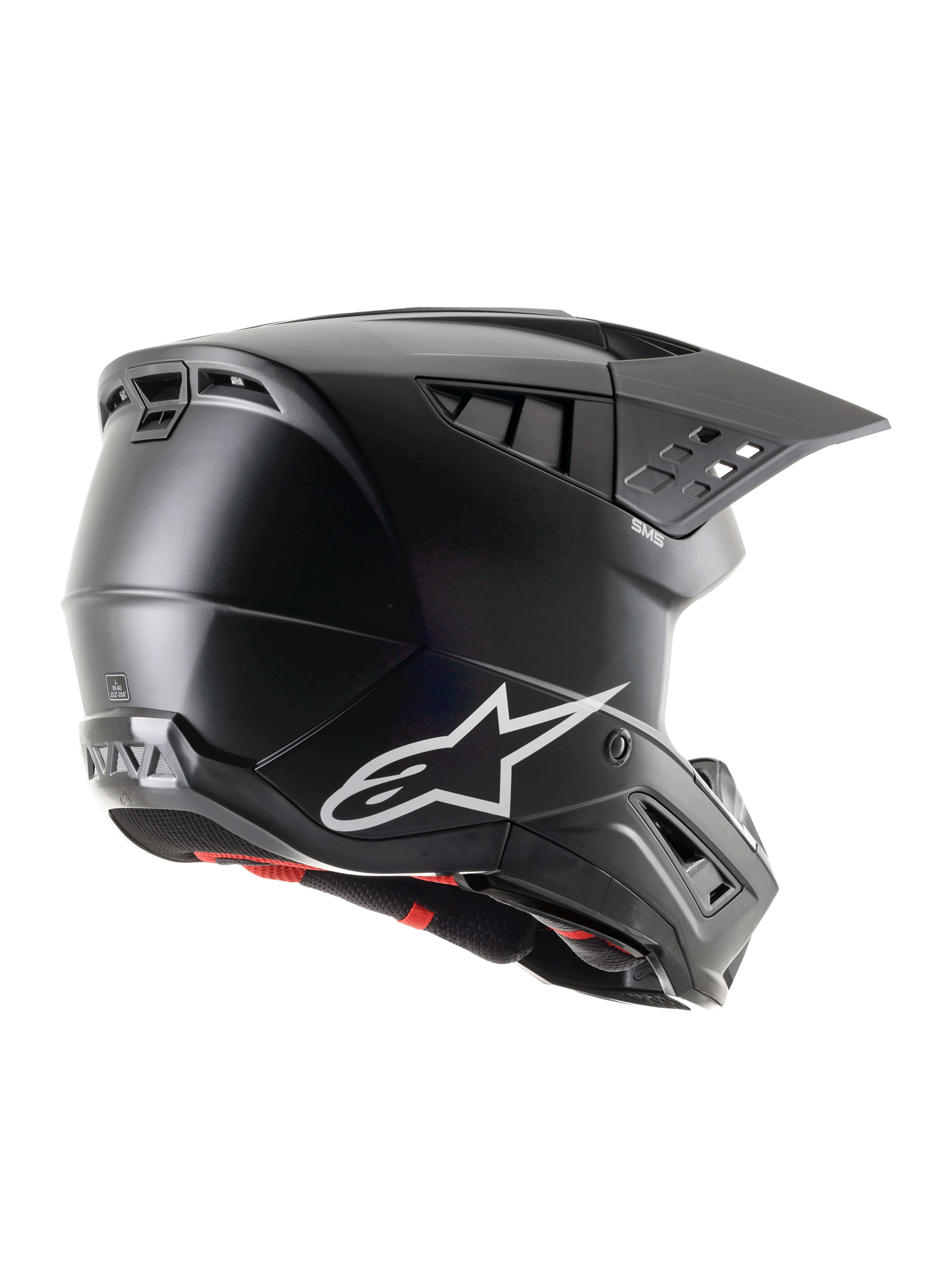 Alpinestars S-M5 Solid Helmet ECE 22.06, Matte Black Motocross Helmet, side-rear profile view featuring a white Alpinestars logo, multiple ventilation ports, and integrated visor for off-road riding protection