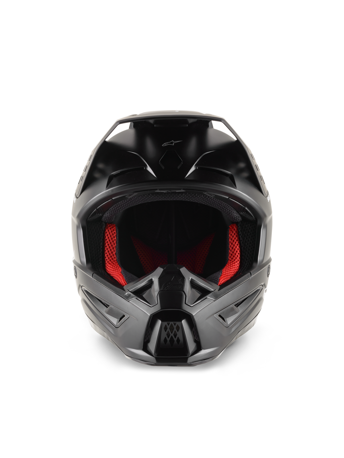 Alpinestars S-M5 Solid hjelm, motocross-hjelm, matsort, set forfra med rød indvendig polstring, formet hageparti med ventilationsporte og beskyttende visir til off-road racing