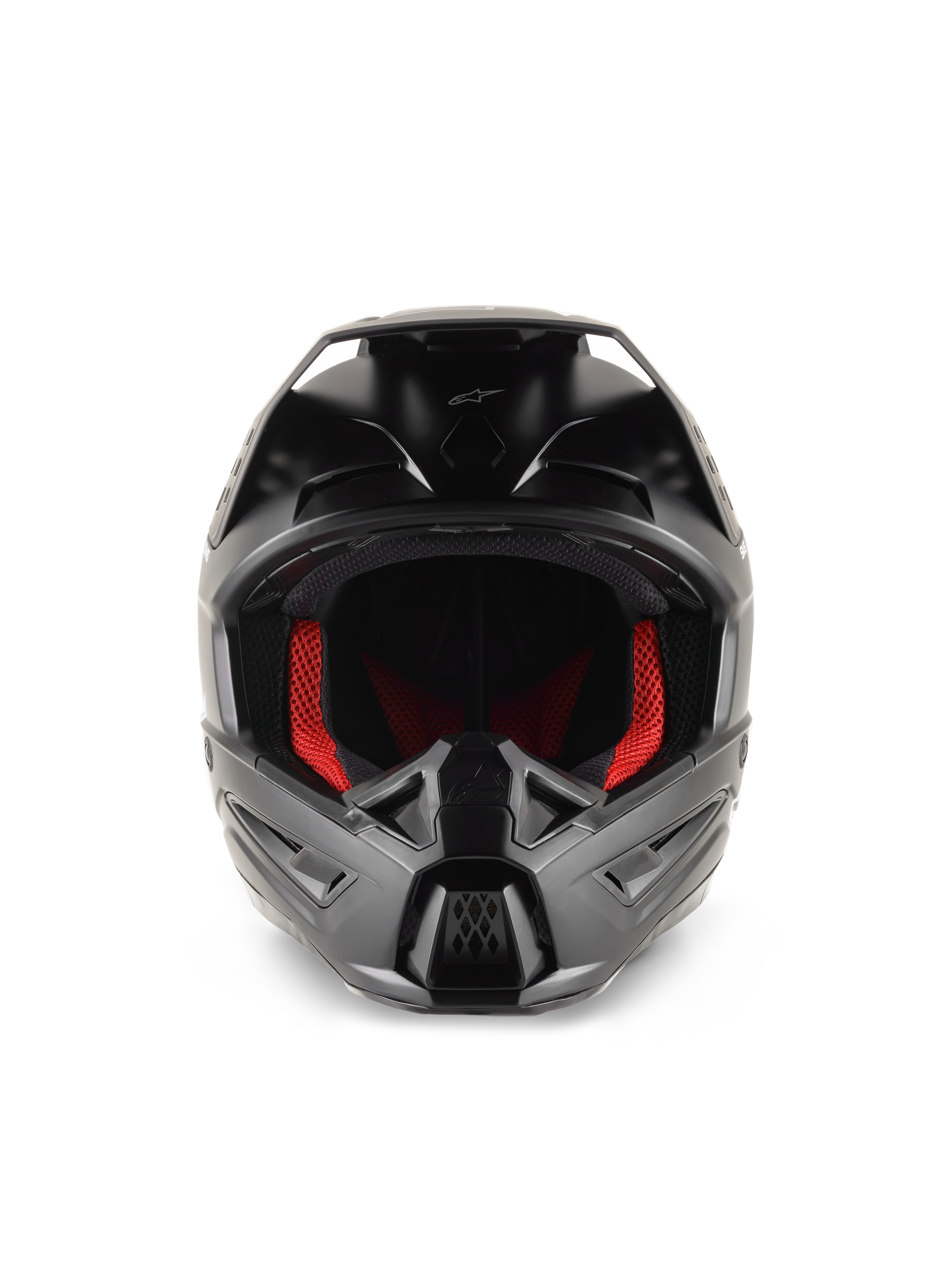 Alpinestars S-M5 Solid Helmet, Motocross Helmet, Black Matte, front view featuring red interior padding, sculpted chin bar with ventilation ports, and protective visor for off-road racing