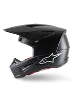 Alpinestars S-M5 Solid Helmet ECE 22.06, Motocross Helmet, Black Matt, side profile view featuring a sleek matte finish, white Alpinestars logo on the side, red interior padding, and aerodynamic shell with integrated ventilation ports