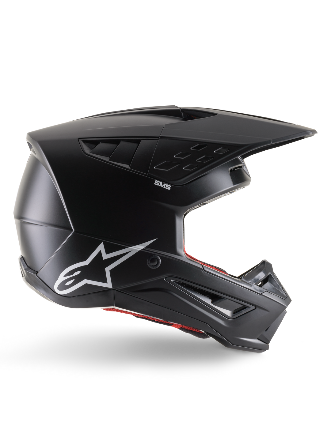 Alpinestars S-M5 Solid hjelm, motocross-hjelm, matsort med hvidt Alpinestars stjerne-logo og rødt indvendigt for, aerodynamisk design med flere ventilationsåbninger og langt visir, ECE 22.06-certificeret off-road-beskyttelse
